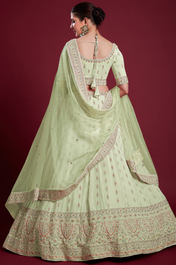 Majestic Sea Green Georgette Lehenga With Fine Thread Work and Zarkan Work Clothsvilla