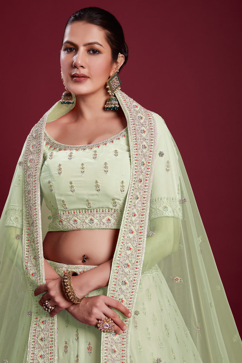 Majestic Sea Green Georgette Lehenga With Fine Thread Work and Zarkan Work Clothsvilla