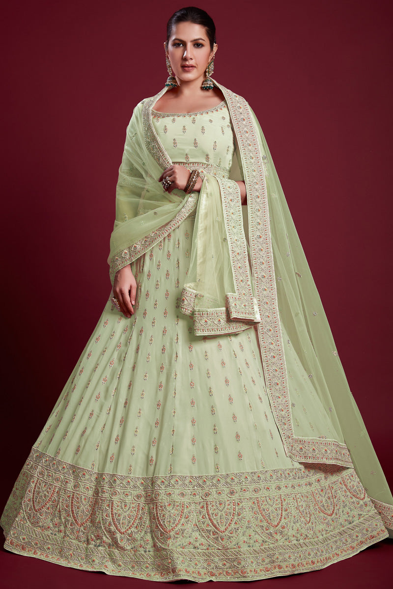 Majestic Sea Green Georgette Lehenga With Fine Thread Work and Zarkan Work Clothsvilla