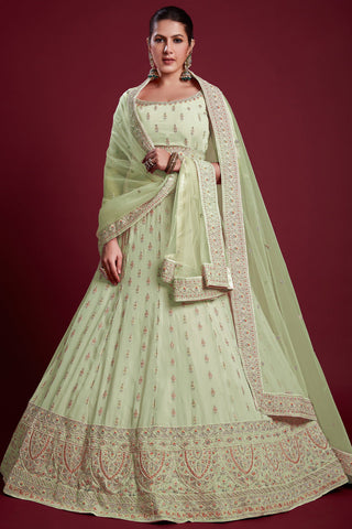 Majestic Sea Green Georgette Lehenga With Fine Thread Work and Zarkan Work Clothsvilla