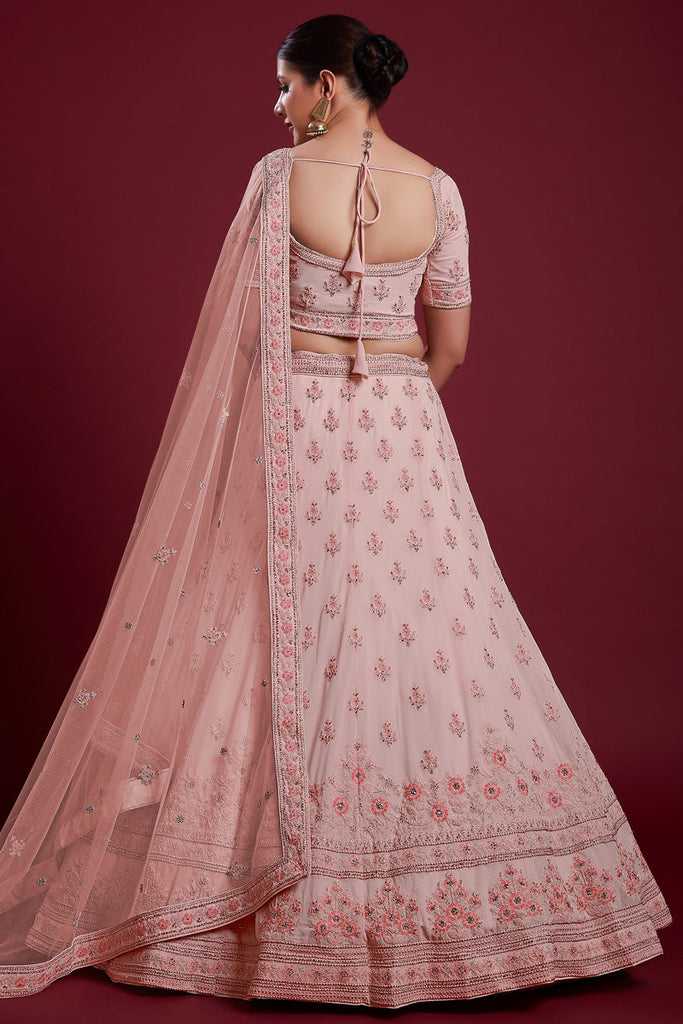 Peach Color Royal Georgette Lehenga With Rich Embroidery and Zarkan Work for Wedding Ceremonie Clothsvilla
