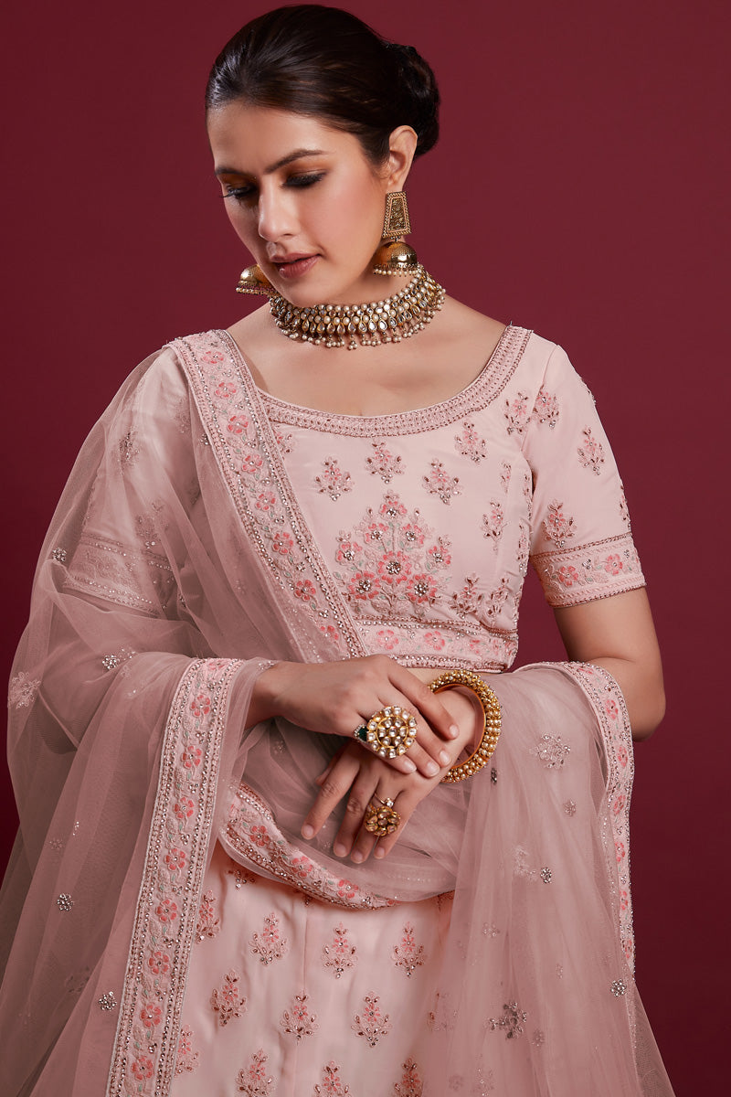 Peach Color Royal Georgette Lehenga With Rich Embroidery and Zarkan Work for Wedding Ceremonie Clothsvilla