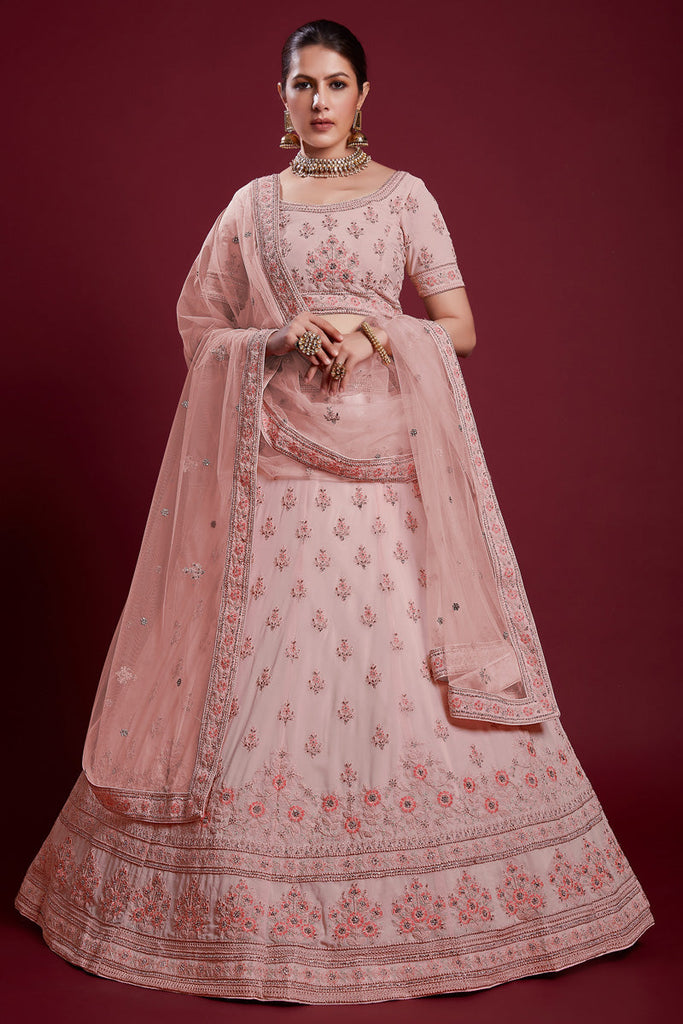 Peach Color Royal Georgette Lehenga With Rich Embroidery and Zarkan Work for Wedding Ceremonie Clothsvilla