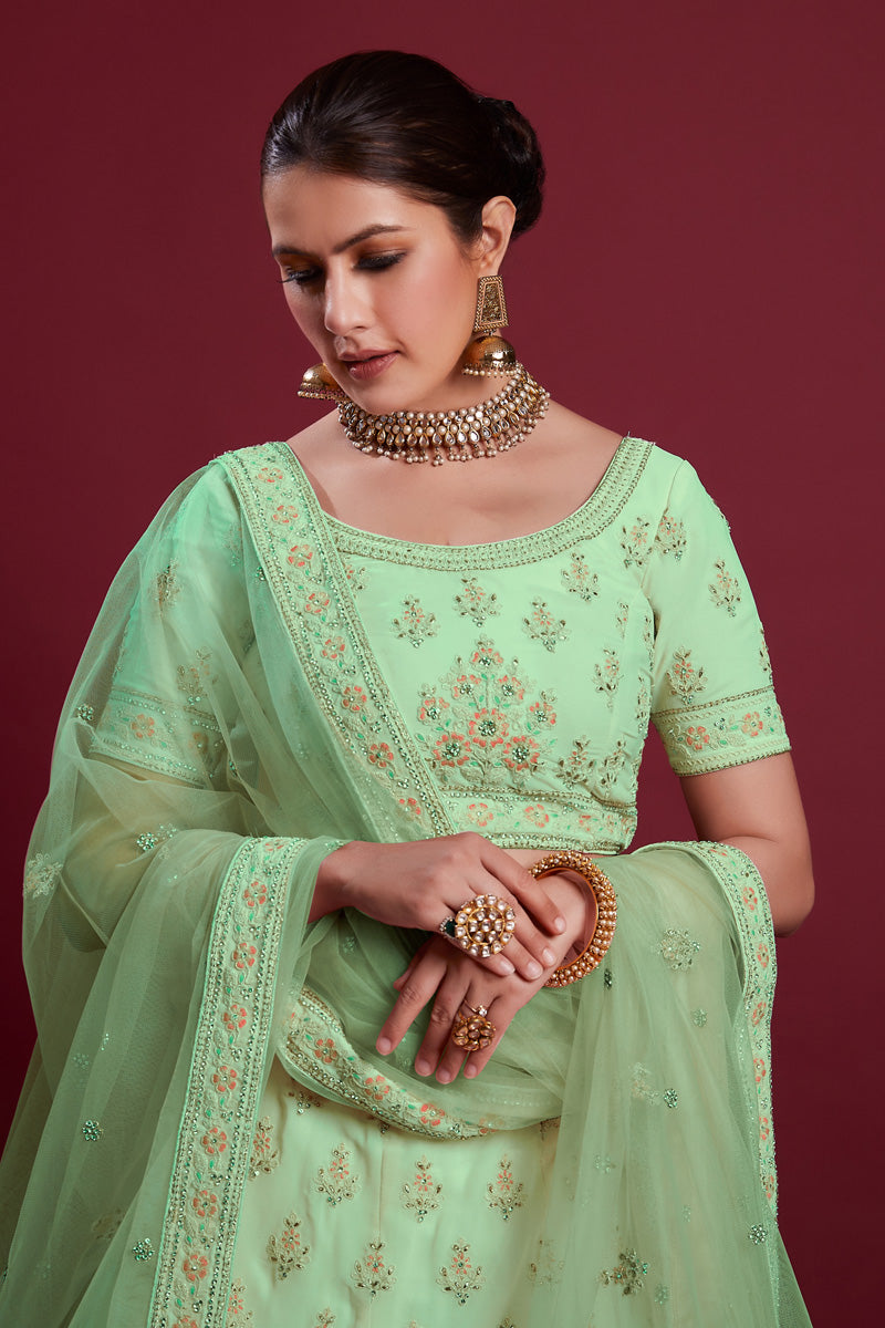 Radiant Sea Green Georgette Lehenga With Sparkling Zarkan Embellishments for Special Occasions Clothsvilla