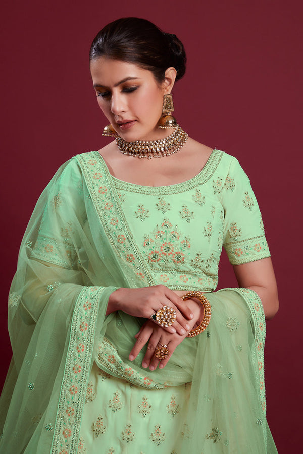 Radiant Sea Green Georgette Lehenga With Sparkling Zarkan Embellishments for Special Occasions Clothsvilla