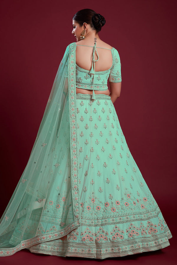Elegant Georgette Cyan Color Lehenga With Embroidered And Thread Work Clothsvilla