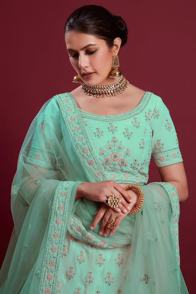 Elegant Georgette Cyan Color Lehenga With Embroidered And Thread Work Clothsvilla