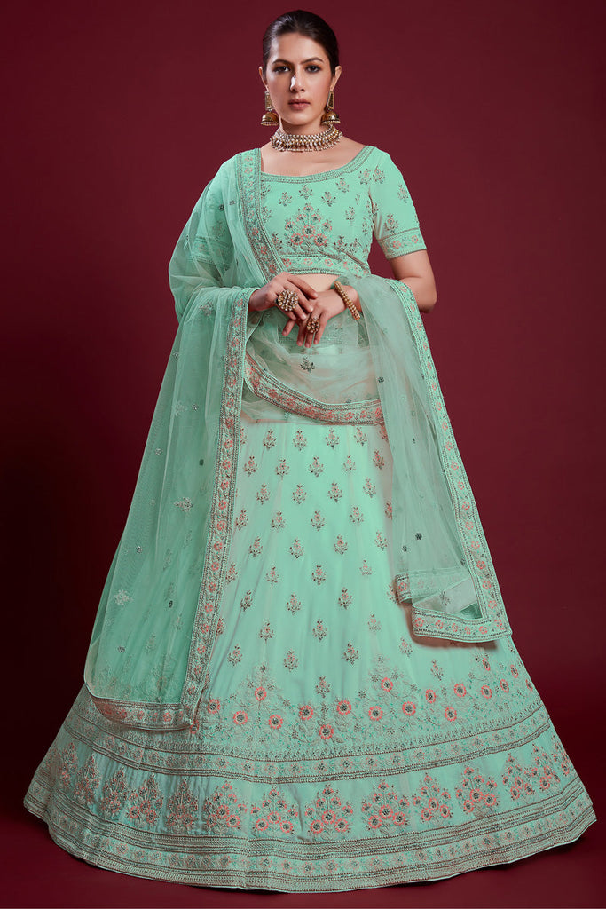 Elegant Georgette Cyan Color Lehenga With Embroidered And Thread Work Clothsvilla