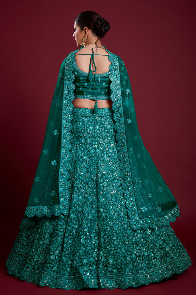 Wedding Net Teal Color Lehenga With Zarkan Work Clothsvilla