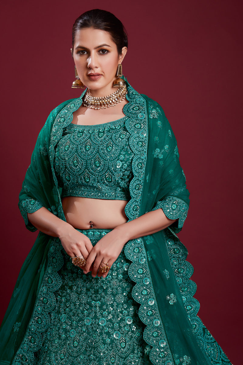 Wedding Net Teal Color Lehenga With Zarkan Work Clothsvilla