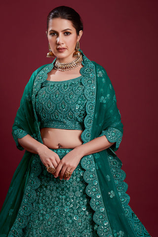 Wedding Net Teal Color Lehenga With Zarkan Work Clothsvilla
