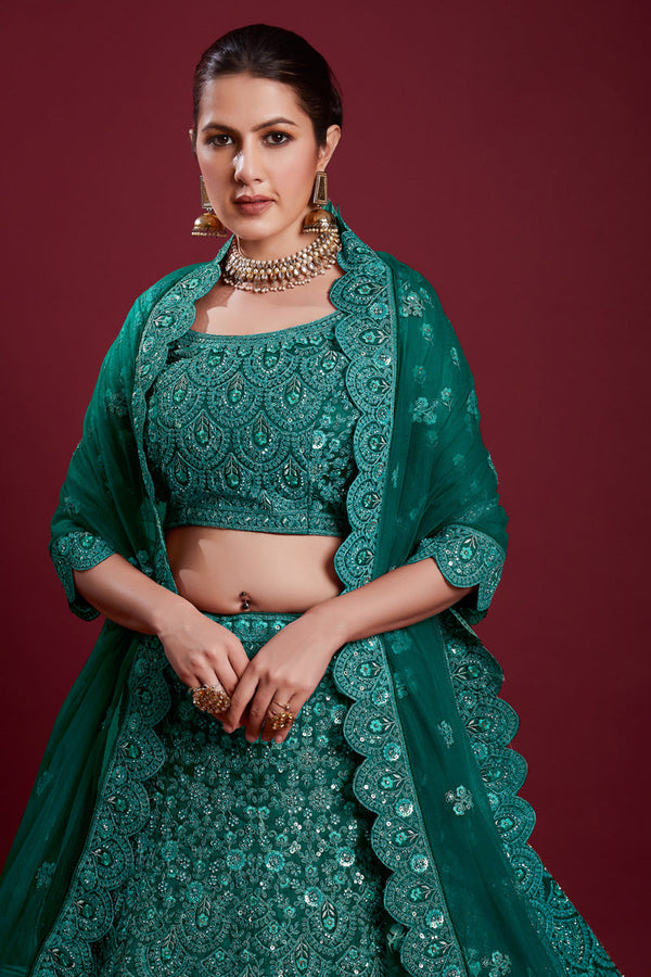 Wedding Net Teal Color Lehenga With Zarkan Work Clothsvilla