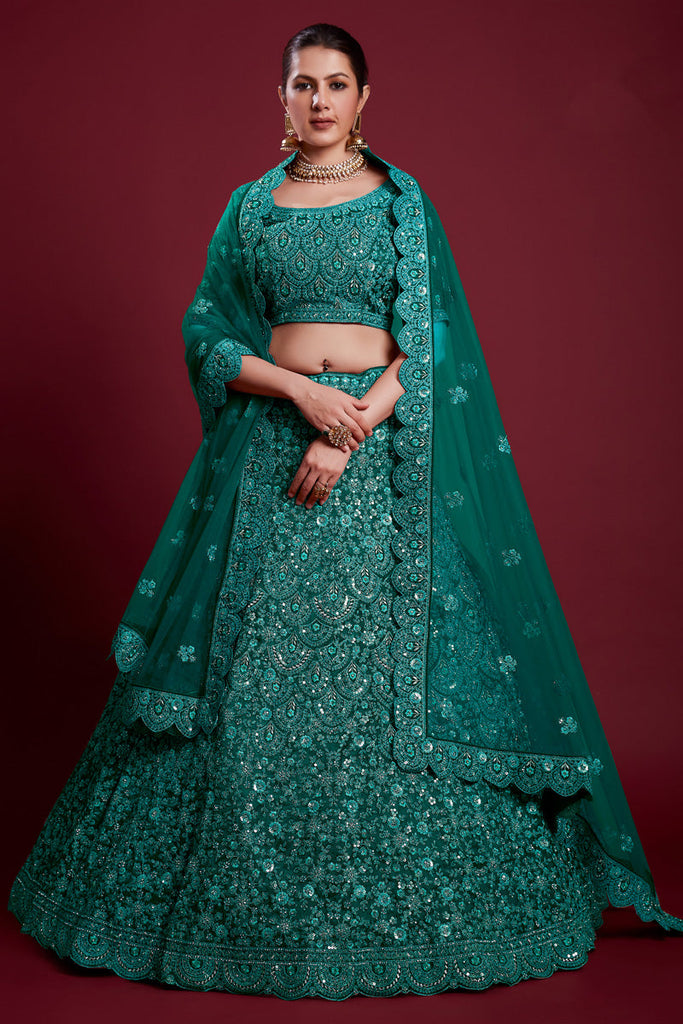 Wedding Net Teal Color Lehenga With Zarkan Work Clothsvilla