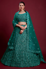 Load image into Gallery viewer, Wedding Net Teal Color Lehenga With Zarkan Work Clothsvilla