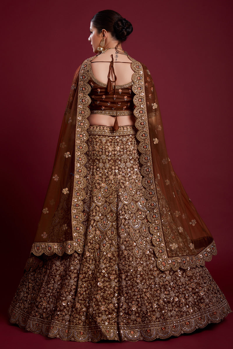 Floral Net Brown Lehenga With Embroidered And Thread Work Clothsvilla