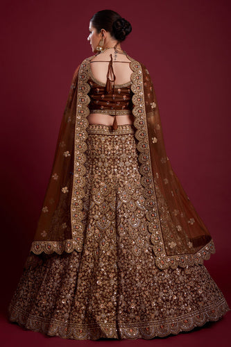 Floral Net Brown Lehenga With Embroidered And Thread Work Clothsvilla