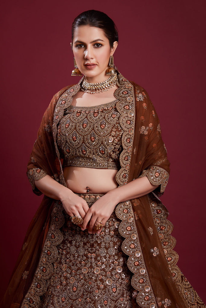 Floral Net Brown Lehenga With Embroidered And Thread Work Clothsvilla