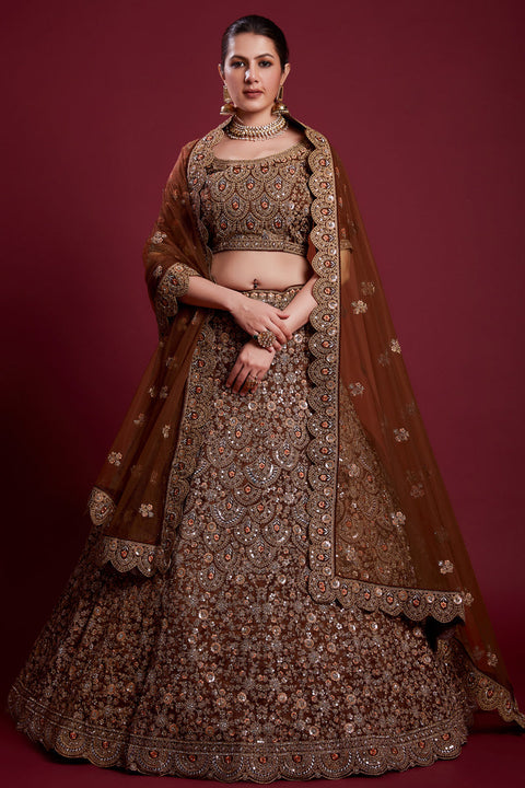 Floral Net Brown Lehenga With Embroidered And Thread Work Clothsvilla Main image