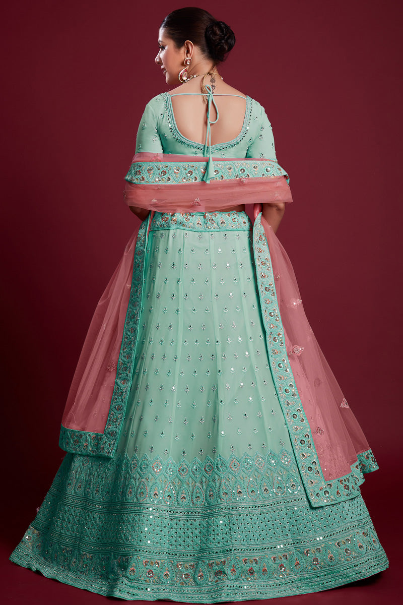 Glamorous Georgette Cyan Color Lehenga With Zarkan Work Clothsvilla