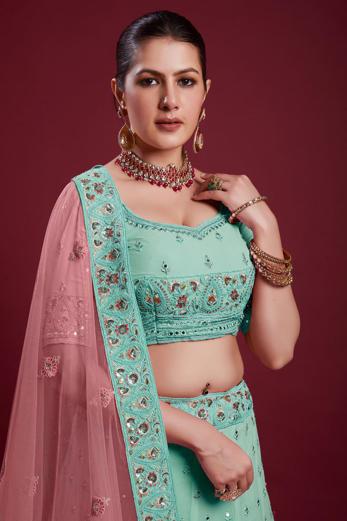 Glamorous Georgette Cyan Color Lehenga With Zarkan Work Clothsvilla