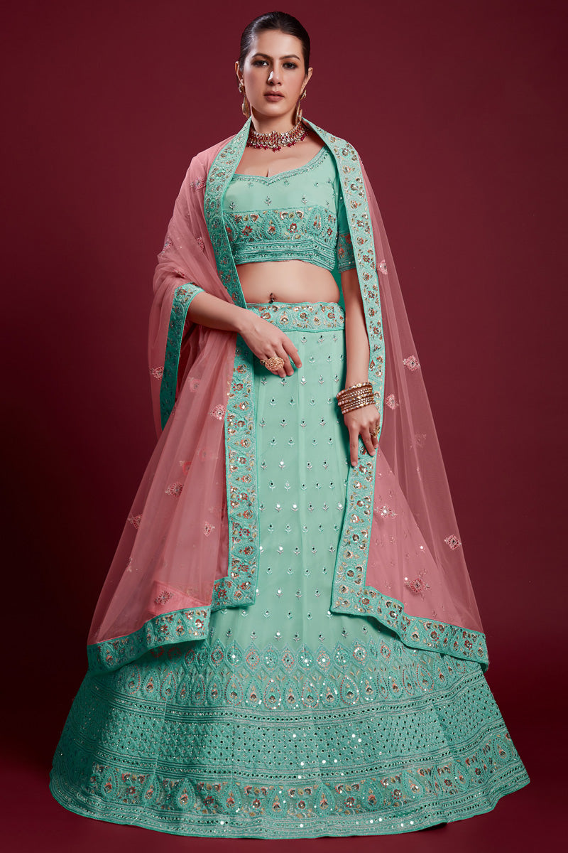 Glamorous Georgette Cyan Color Lehenga With Zarkan Work Clothsvilla Main image
