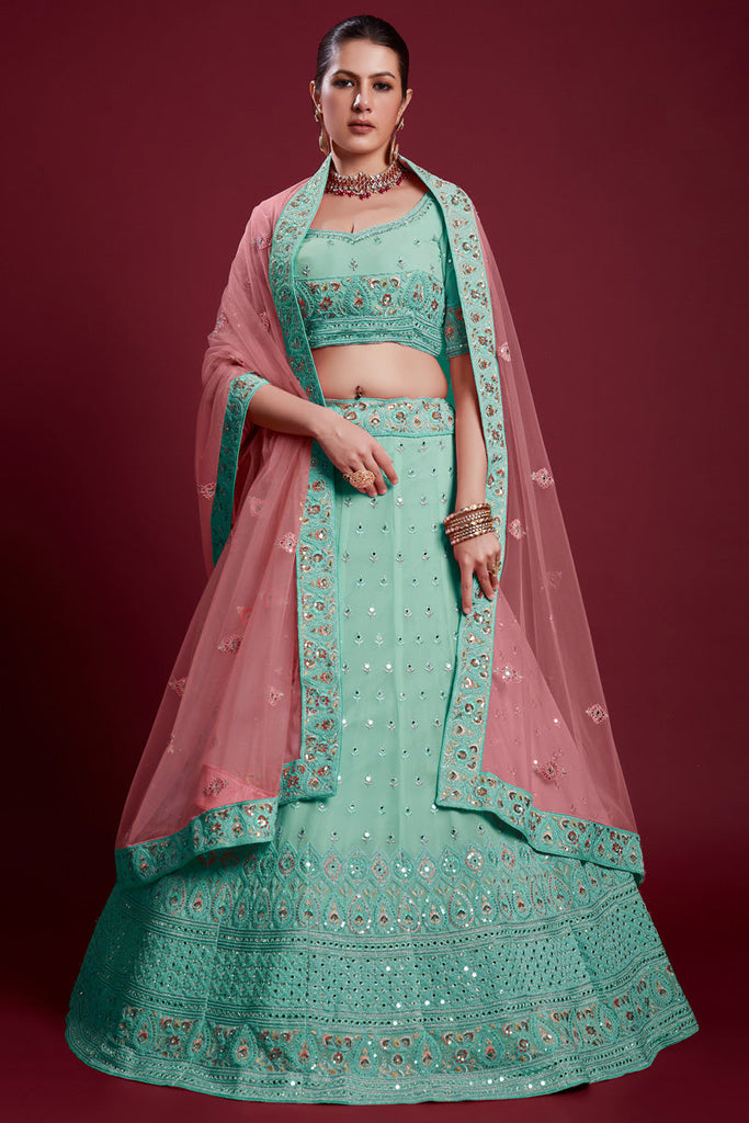 Glamorous Georgette Cyan Color Lehenga With Zarkan Work Clothsvilla