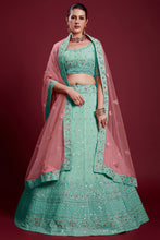 Load image into Gallery viewer, Glamorous Georgette Cyan Color Lehenga With Zarkan Work Clothsvilla