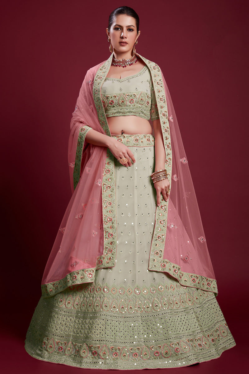 Traditional Georgette Olive Color Lehenga With Embroidered And Thread Work Clothsvilla Main image