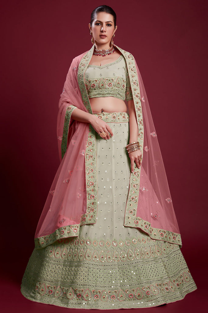 Traditional Georgette Olive Color Lehenga With Embroidered And Thread Work Clothsvilla