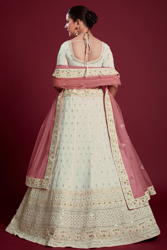 Off White Chic Georgette Wedding Lehenga With Zarkan Work Clothsvilla