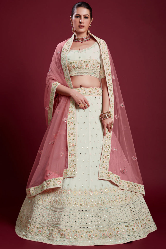 Off White Chic Georgette Wedding Lehenga With Zarkan Work Clothsvilla