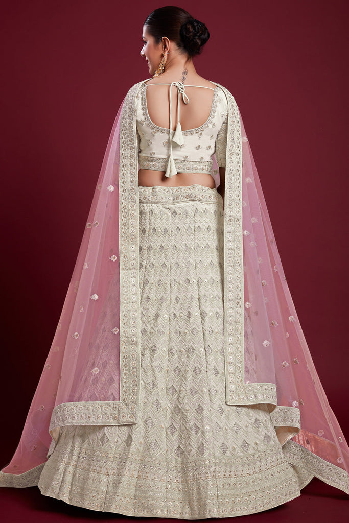 Exquisite Georgette Off White Lehenga With Zarkan Work Clothsvilla