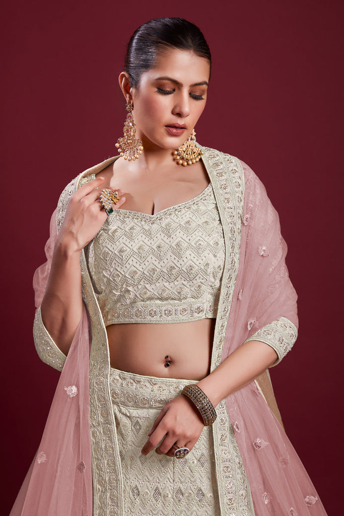 Exquisite Georgette Off White Lehenga With Zarkan Work Clothsvilla