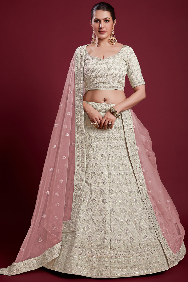 Exquisite Georgette Off White Lehenga With Zarkan Work Clothsvilla Main image