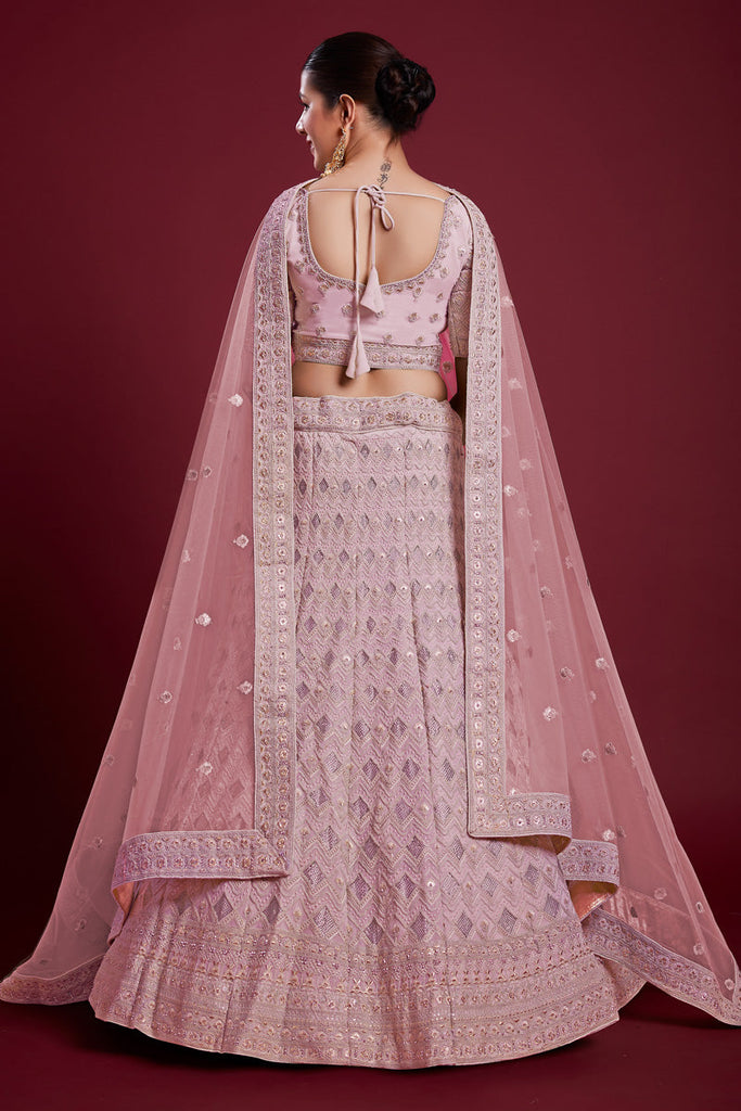 Regal Wedding Function Pink Georgette Lehenga With Embroidered And Thread Work Clothsvilla