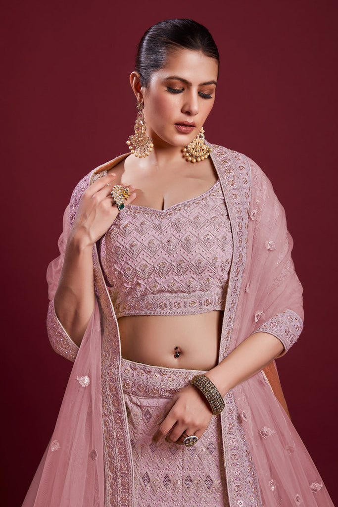 Regal Wedding Function Pink Georgette Lehenga With Embroidered And Thread Work Clothsvilla