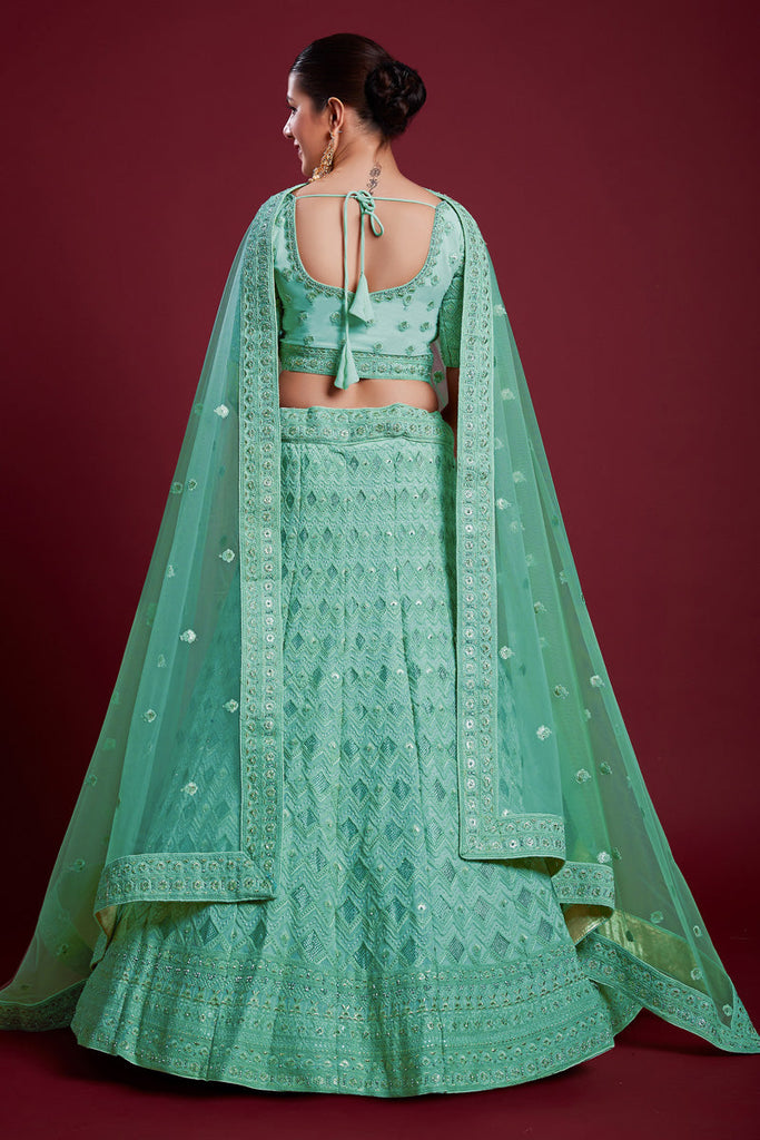 Radiant Sea Green Georgette Lehenga With Zarkan Work Clothsvilla