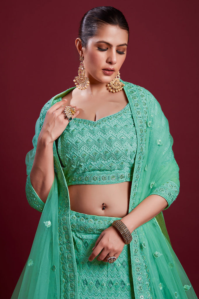 Radiant Sea Green Georgette Lehenga With Zarkan Work Clothsvilla