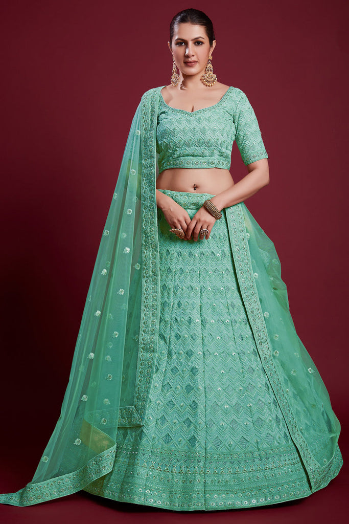 Radiant Sea Green Georgette Lehenga With Zarkan Work Clothsvilla