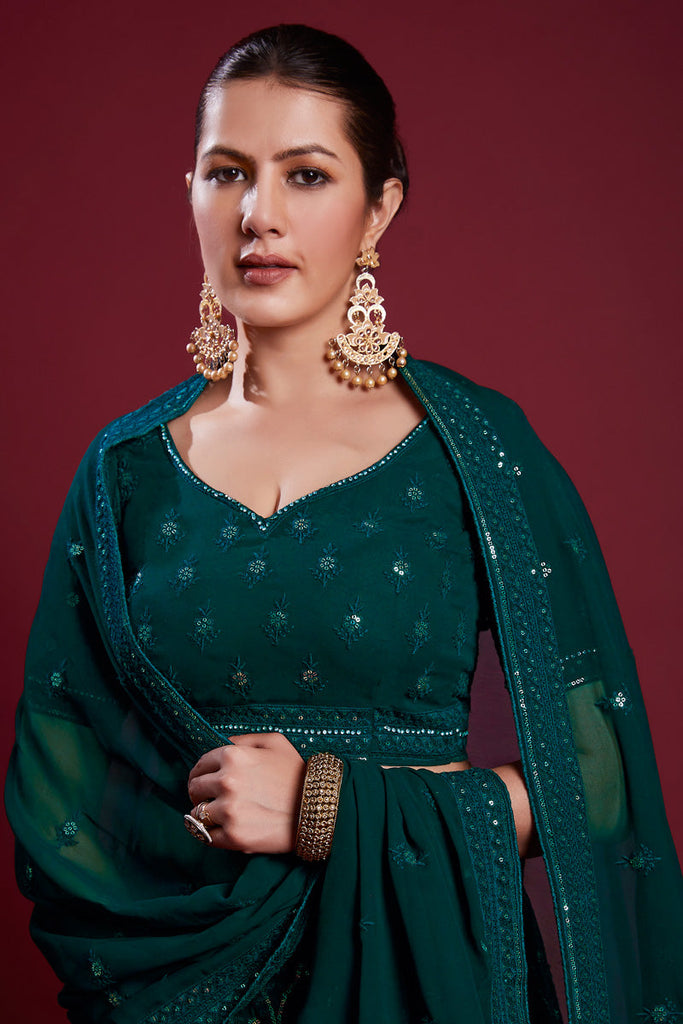 Elegant Georgette Teal Color Lehenga With Embroidered And Thread Work Clothsvilla