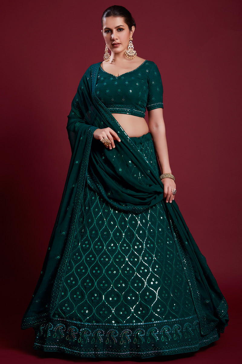 Elegant Georgette Teal Color Lehenga With Embroidered And Thread Work Clothsvilla Main image