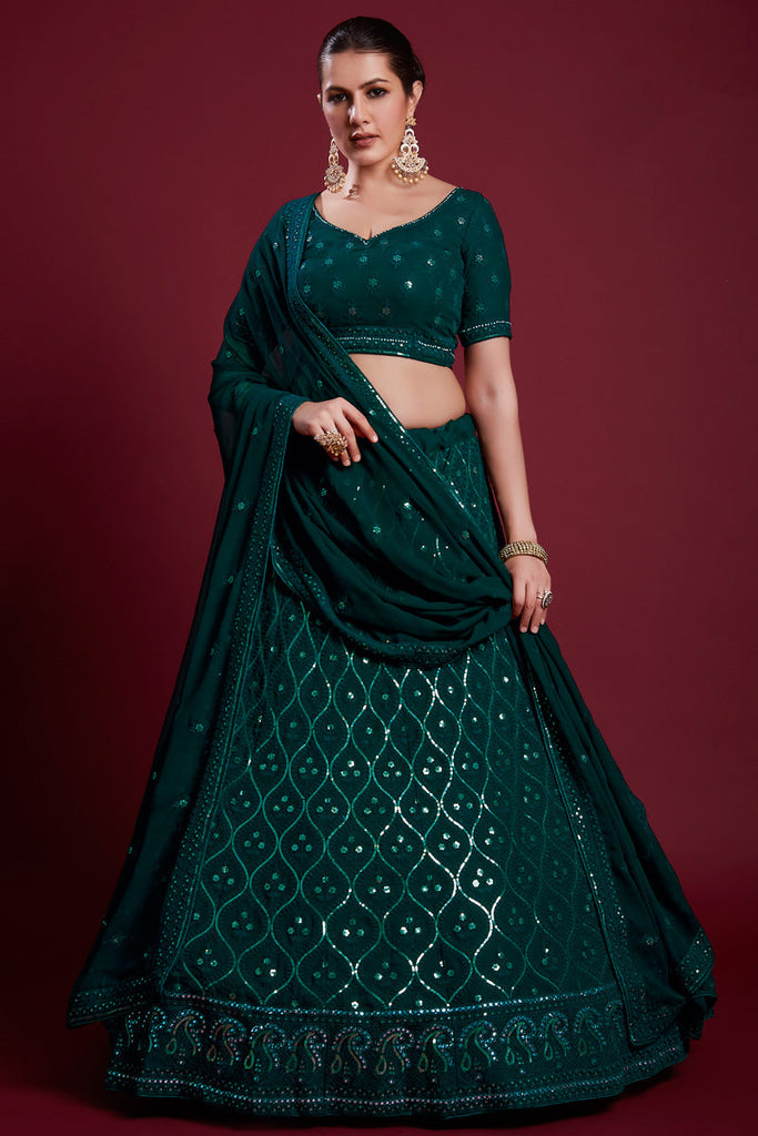 Elegant Georgette Teal Color Lehenga With Embroidered And Thread Work Clothsvilla