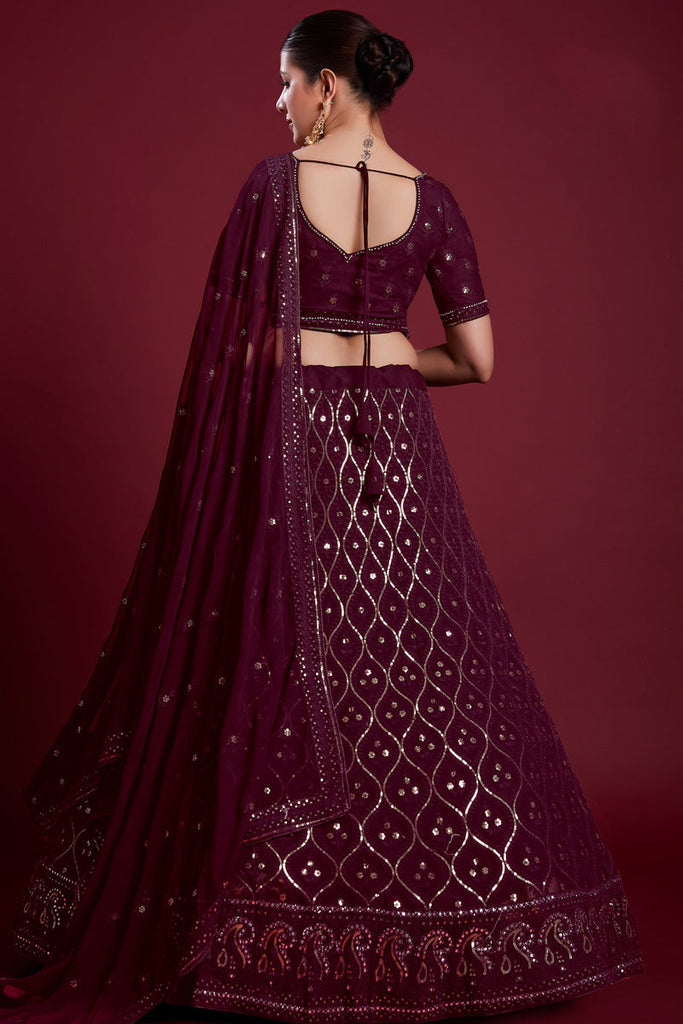 Ravishing Wine Color Georgette Lehenga With Embroidered for Wedding Clothsvilla