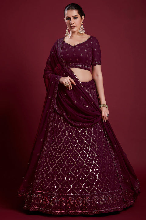 Ravishing Wine Color Georgette Lehenga With Embroidered for Wedding Clothsvilla Main image