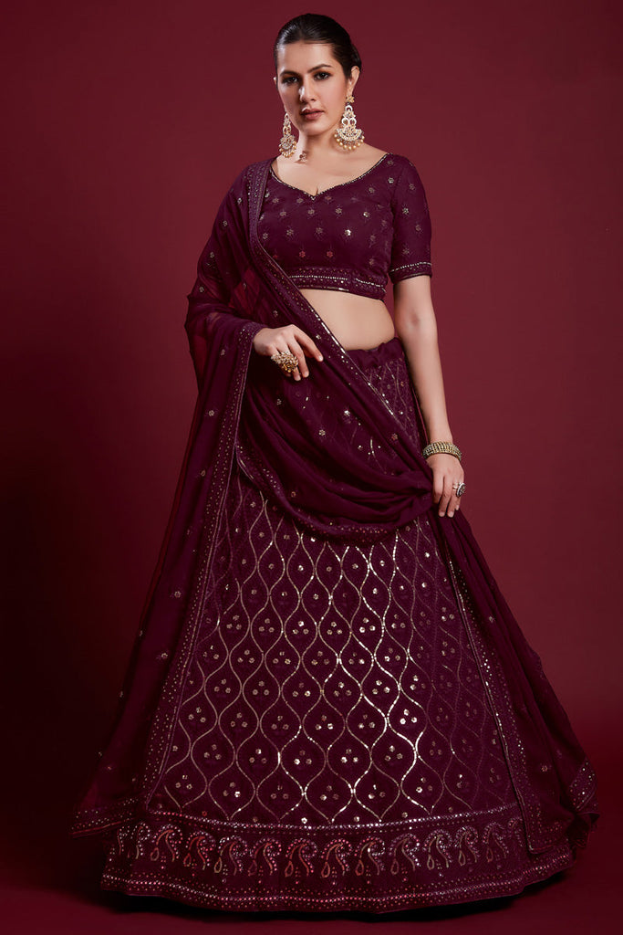 Ravishing Wine Color Georgette Lehenga With Embroidered for Wedding Clothsvilla