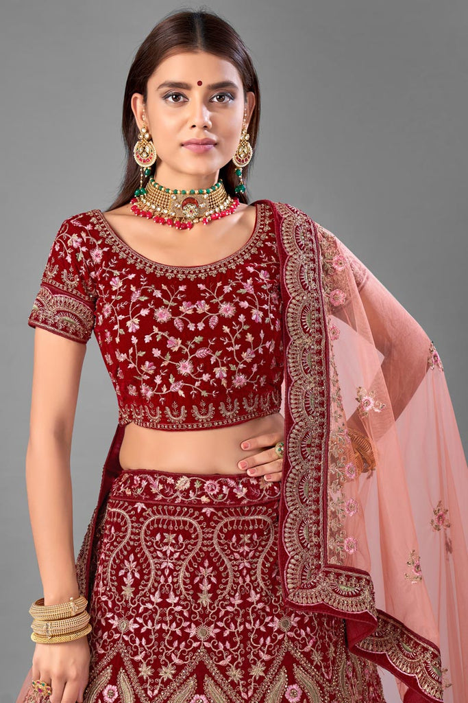 Wedding Wear Maroon Color Thread Embroidered Lehenga Choli In Velvet Fabric Clothsvilla