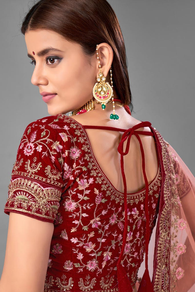 Wedding Wear Maroon Color Thread Embroidered Lehenga Choli In Velvet Fabric Clothsvilla