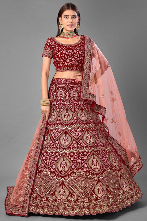 Wedding Wear Maroon Color Thread Embroidered Lehenga Choli In Velvet Fabric Clothsvilla Main image