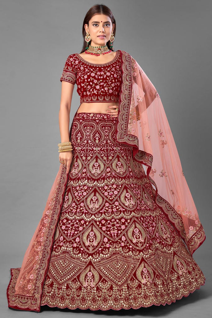 Wedding Wear Maroon Color Thread Embroidered Lehenga Choli In Velvet Fabric Clothsvilla