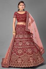 Load image into Gallery viewer, Wedding Wear Maroon Color Thread Embroidered Lehenga Choli In Velvet Fabric Clothsvilla